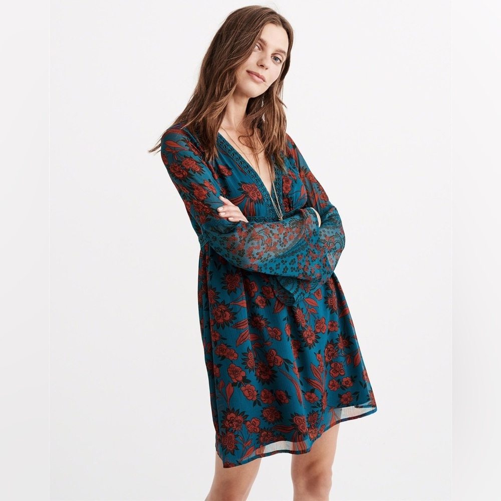 Abercrombie and Fitch Floral Teal and Red Dress with bell sleeves